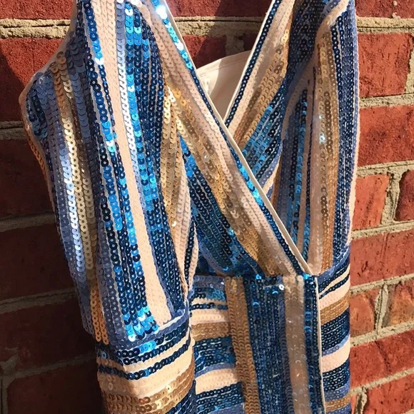 RYSE X Revolve Blue & Gold Sequin Wrap Mini Dress - Picture 13 of 16